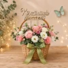 Coș floral cu topper Köszönünk mindent din lemn