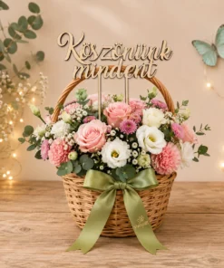 Coș floral cu topper Köszönünk mindent din lemn