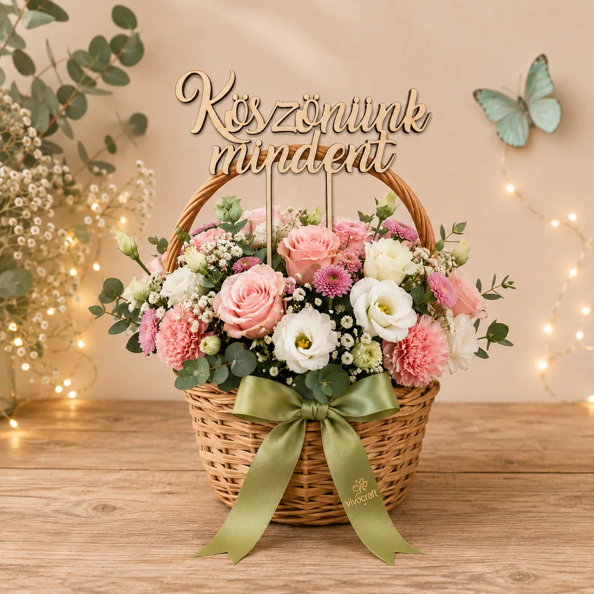 Coș floral cu topper Köszönünk mindent din lemn