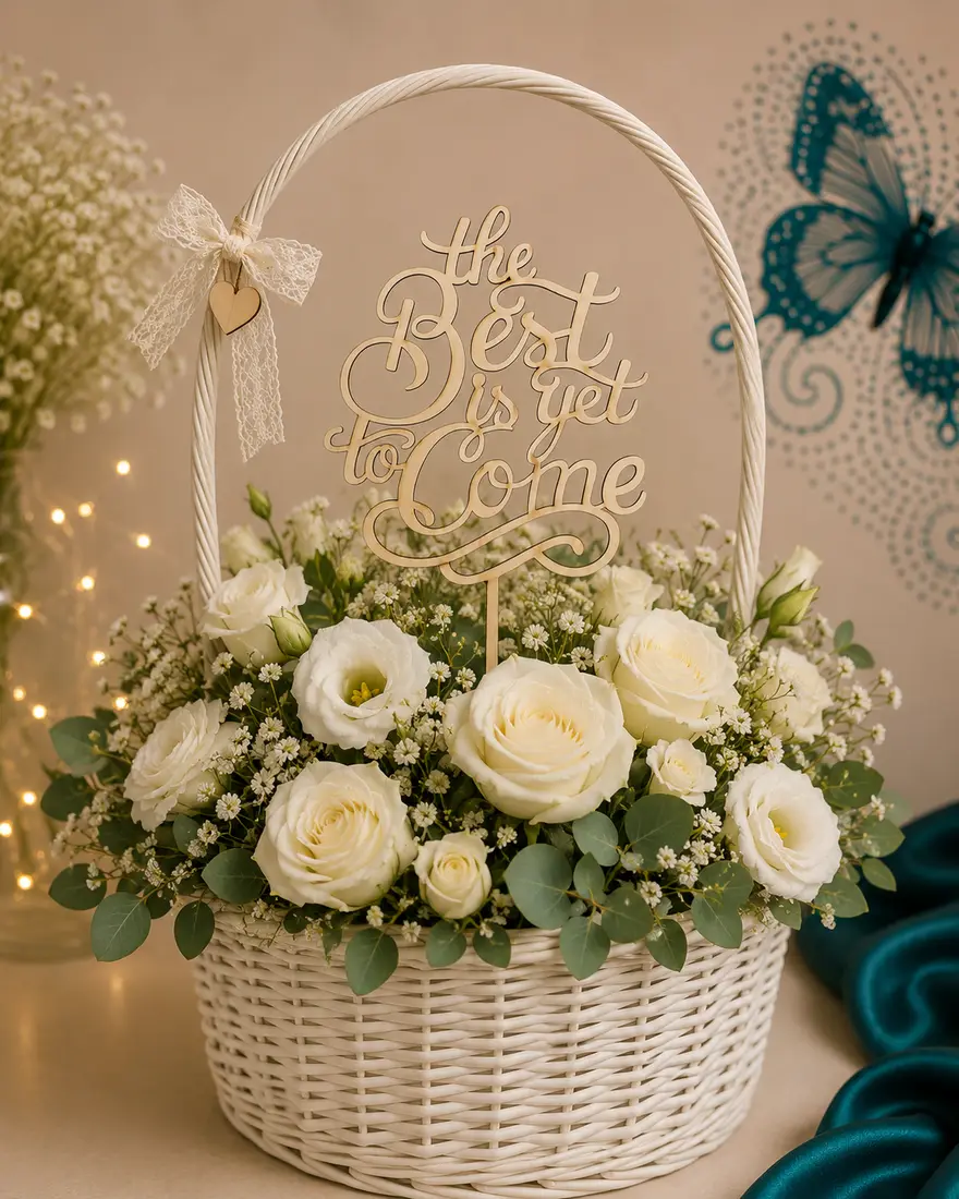 Decor The Best is Yet to Come din lemn în coș floral