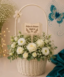 Decor botez – carte din lemn cu mesaj religios în coș floral cu trandafiri albi