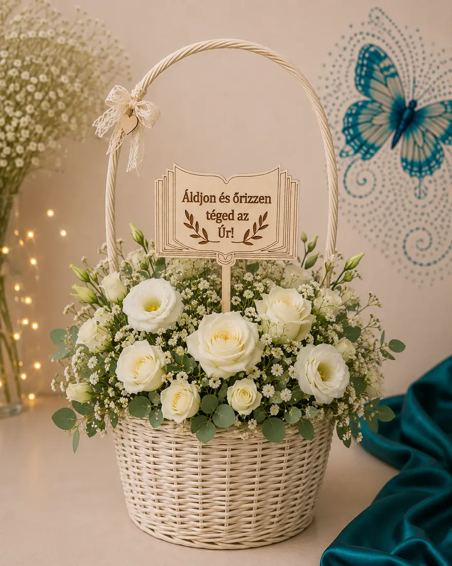 Decor botez – carte din lemn cu mesaj religios în coș floral cu trandafiri albi