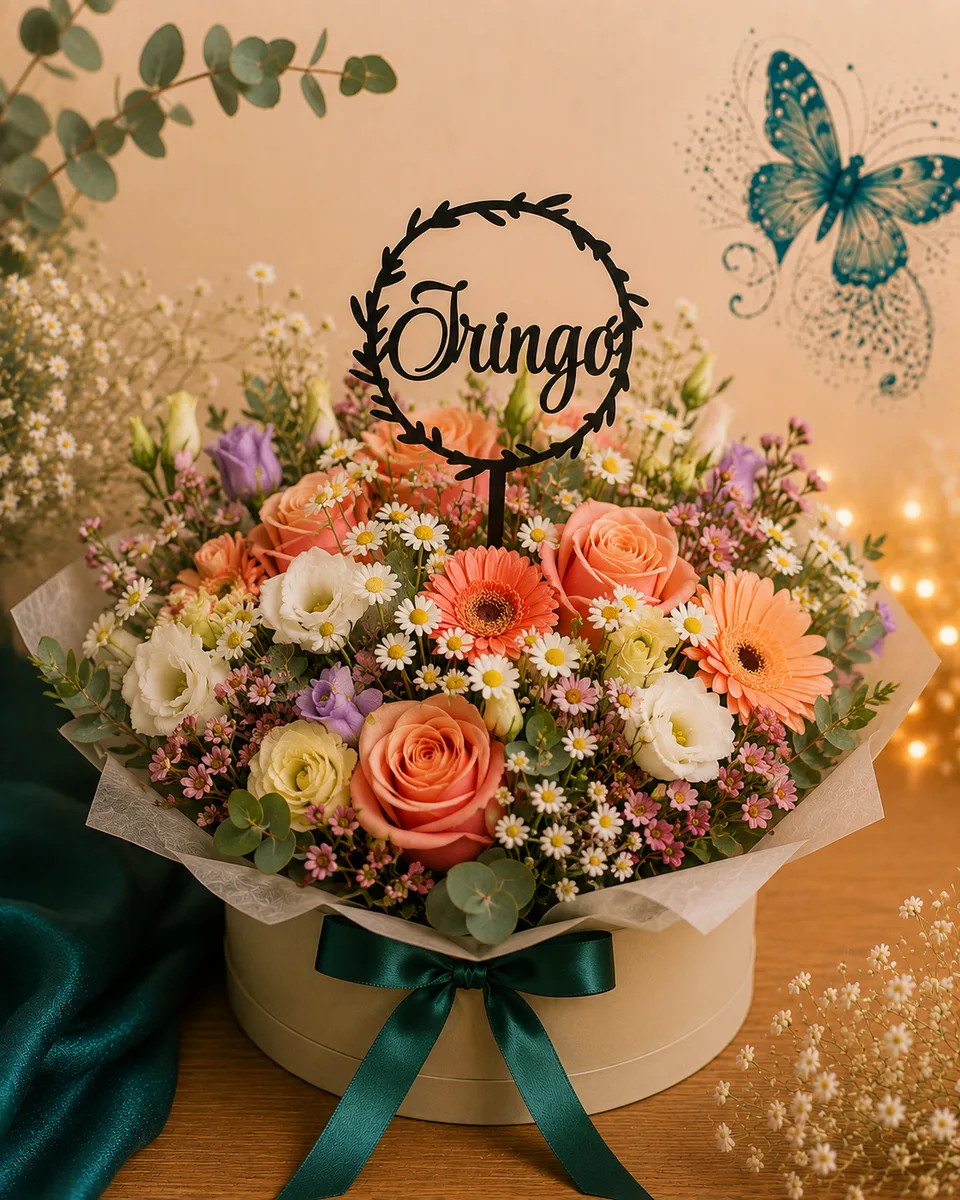 Decor personalizat cu nume din lemn – coroniță în buchet de flori