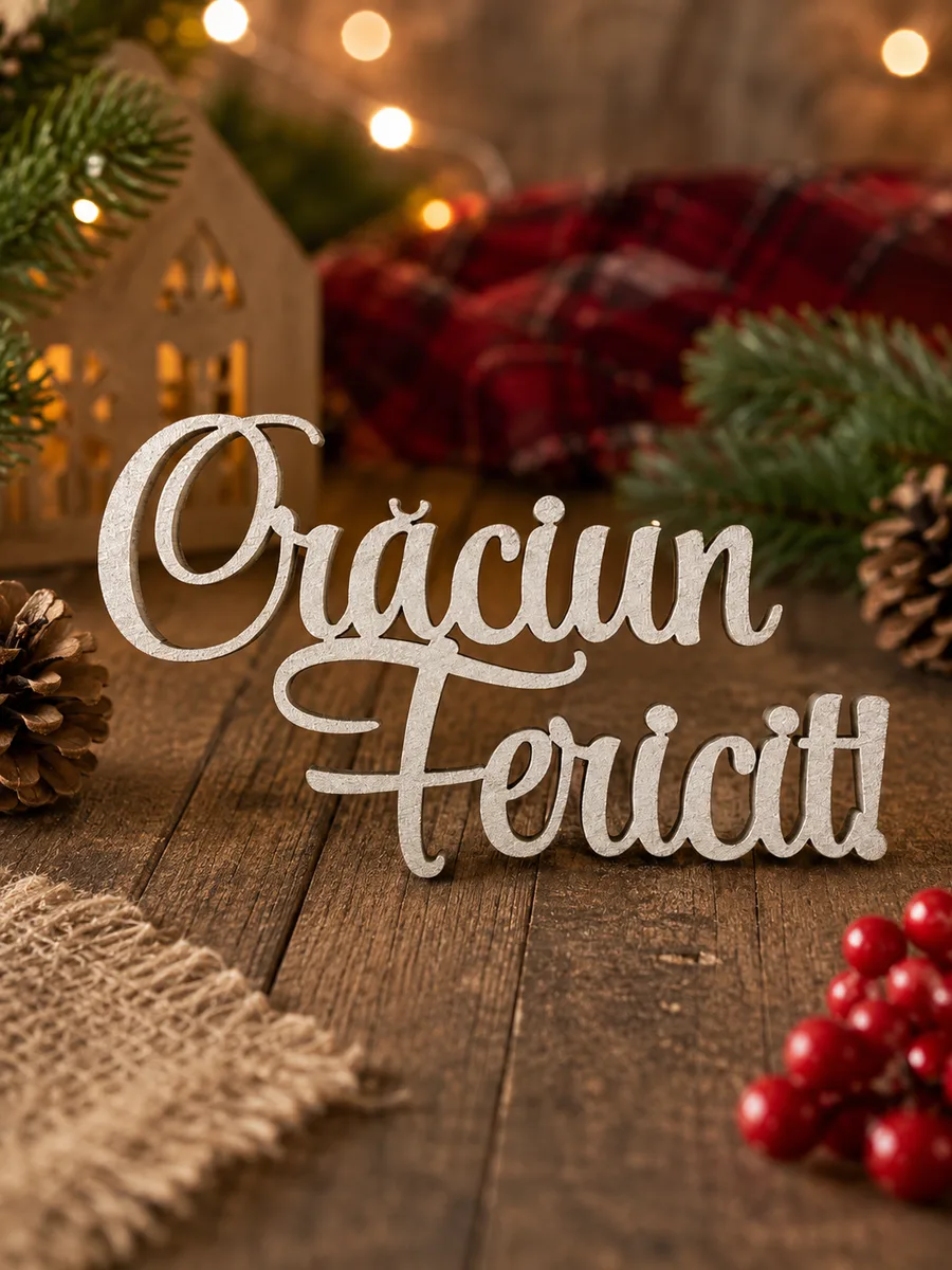 Decor de masă din lemn Crăciun Fericit în decor festiv de iarnă