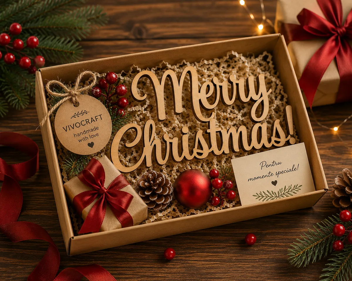 Set cadou de Crăciun cu decorațiune din lemn Merry Christmas