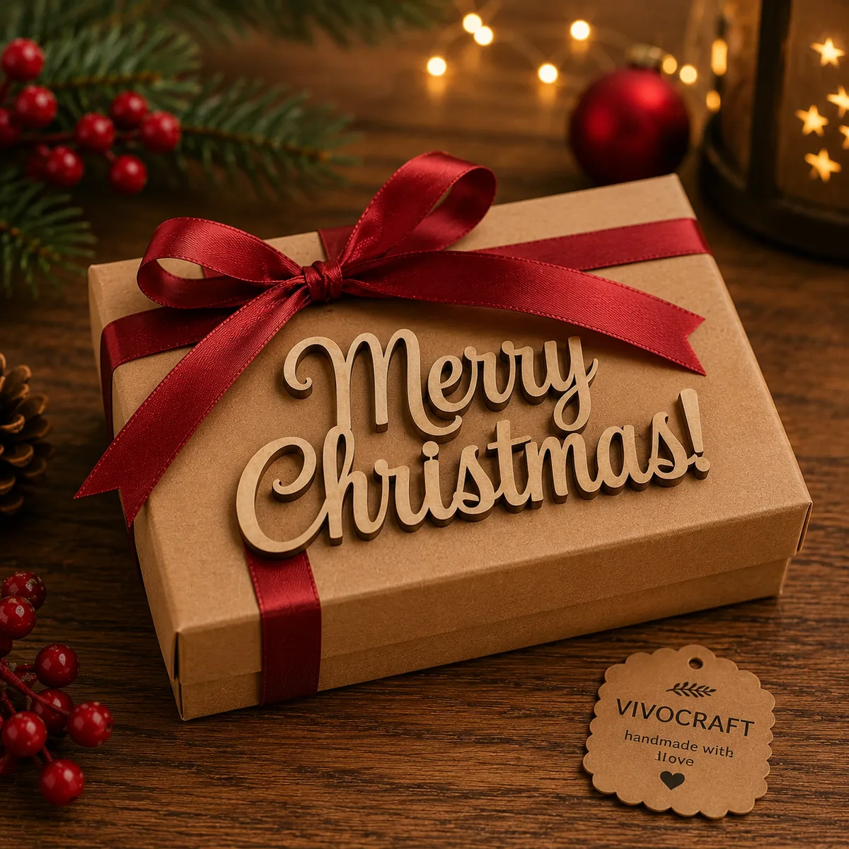 Decorațiune din lemn Merry Christmas pe cutie cadou cu fundă roșie