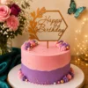 Topper tort Happy Birthday auriu cu ramă hexagonală pe tort