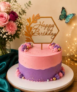 Topper tort Happy Birthday auriu cu ramă hexagonală pe tort