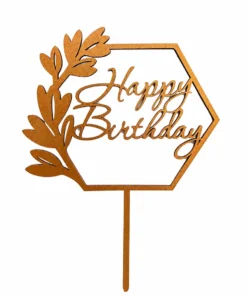 Topper Happy Birthday auriu cu ramă hexagonală și frunze din lemn