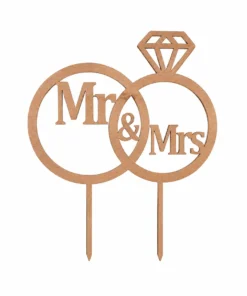 Topper tort nuntă Mr & Mrs din lemn cu verighete și diamant