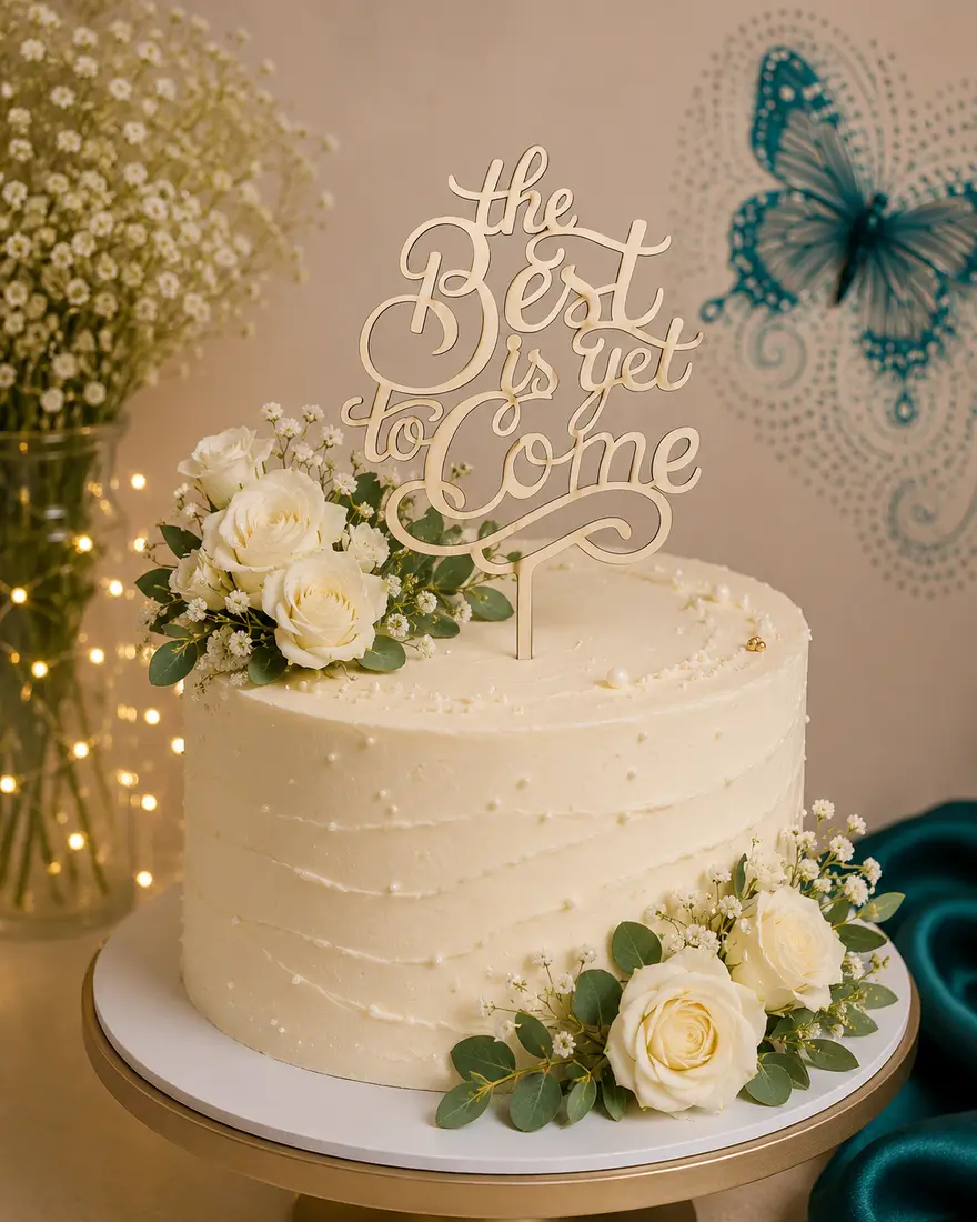 Topper tort The Best is Yet to Come din lemn, pe tort