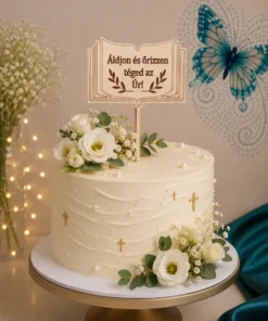 Topper tort botez – carte din lemn cu mesaj religios gravat, pe tort alb cu flori