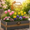Topper tort Happy Birthday auriu cu ramă hexagonală și frunze