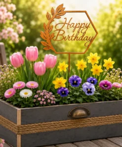 Topper tort Happy Birthday auriu cu ramă hexagonală și frunze