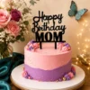 Topper Happy Birthday Mom din lemn negru pe un tort aniversar