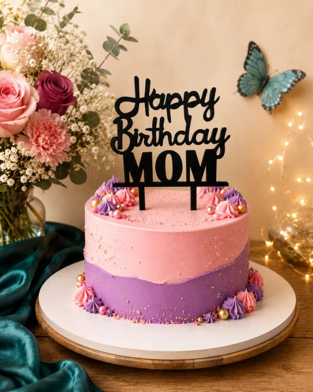 Topper Happy Birthday Mom din lemn negru pe un tort aniversar