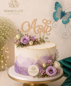 Topper tort inițiale personalizate cu inimioare din lemn, pe tort cu flori mov