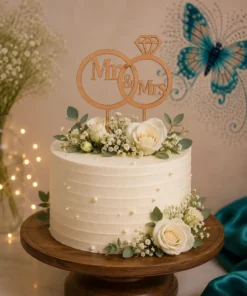 Topper tort nuntă Mr & Mrs din lemn cu verighete și diamant, pe tort alb cu trandafiri