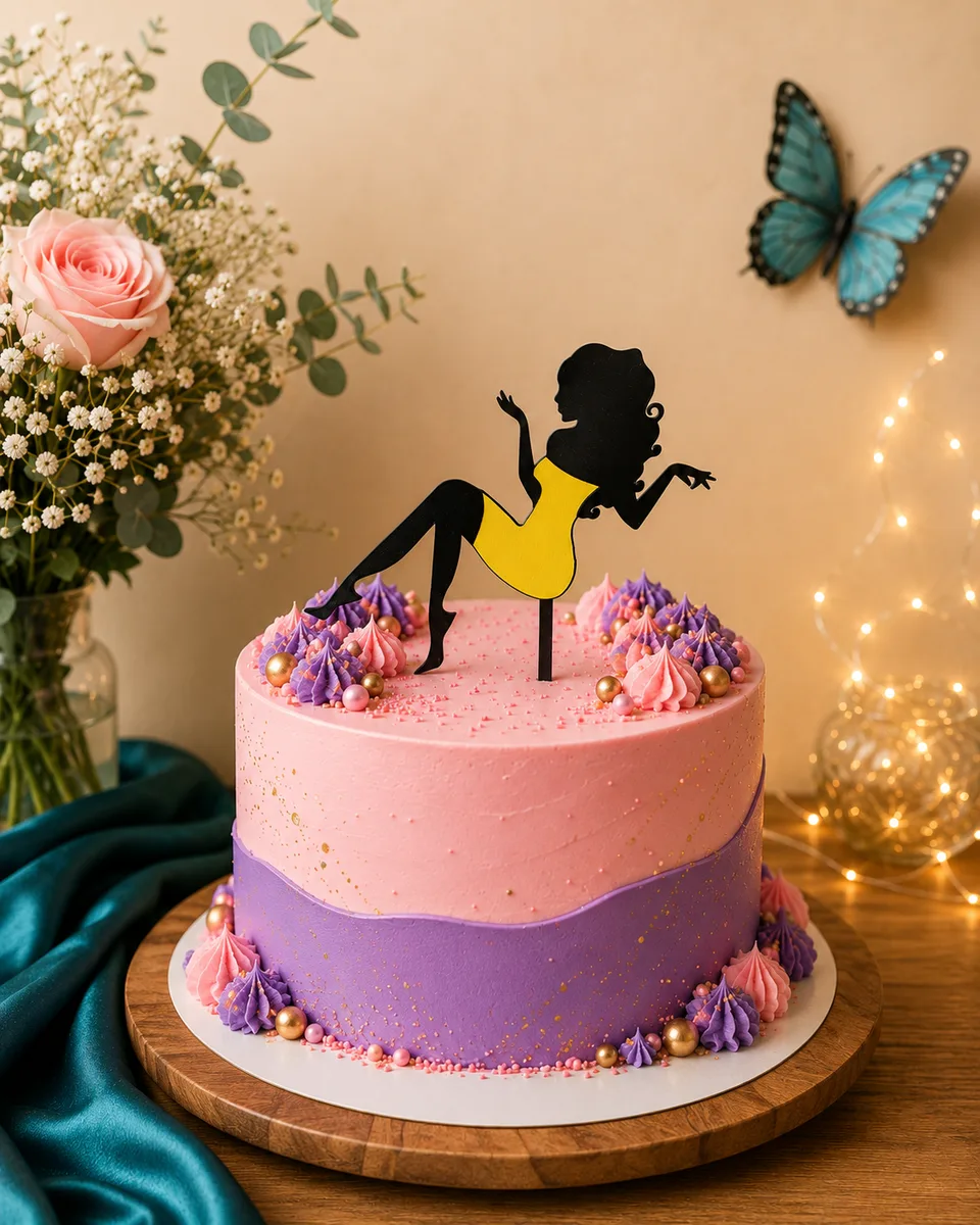 Topper tort siluetă femeie cu rochie galbenă pe un tort colorat