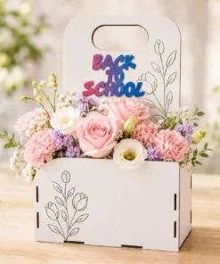 Cutie cadou Back to School din lemn cu flori, cadou pentru învățătoare