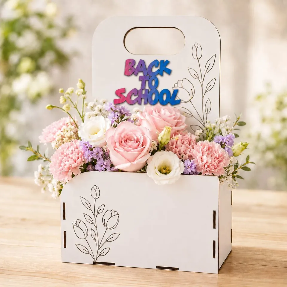 Cutie cadou Back to School din lemn cu flori, cadou pentru învățătoare
