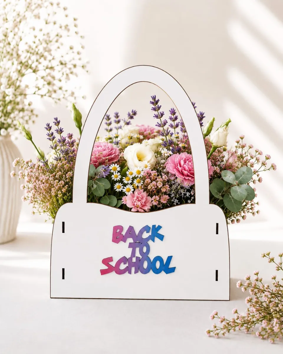 Coș cadou Back to School din lemn cu flori, cadou pentru învățătoare